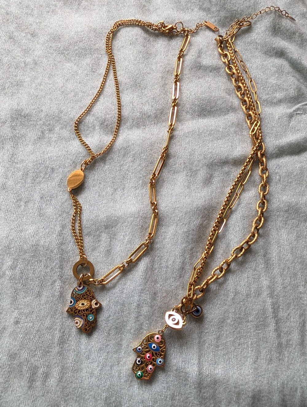 TWO Gold Hamsa Pendant Necklace with Multicolor Evil Eye Accents